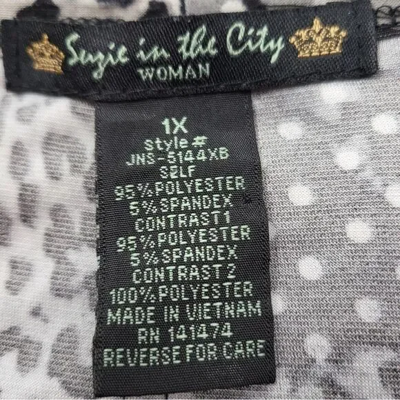 Suzie in the City Blouse Women 1X Black White Leopard print Cowl Neck Layered - Picture 8 of 9